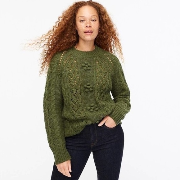 J. Crew Cable-knit pointelle sweater popcorn flowers in moss green - Picture 2 of 8